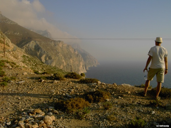 The road to the monastery on Tilos winds its way to the top very near the cliffs to the Aegean Sea