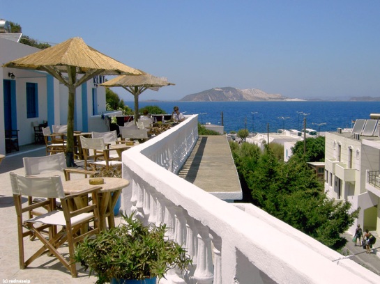 Terrace outside our room at hotel Romantza in Mandraki, Nissiros /Nisyros, with a wonderful view of the Aegean Sea