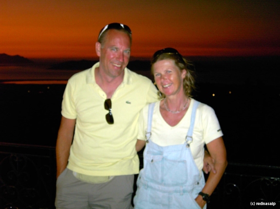 Blogger and husband at Zia - enjoying the beautiful sunset over the Greek islands